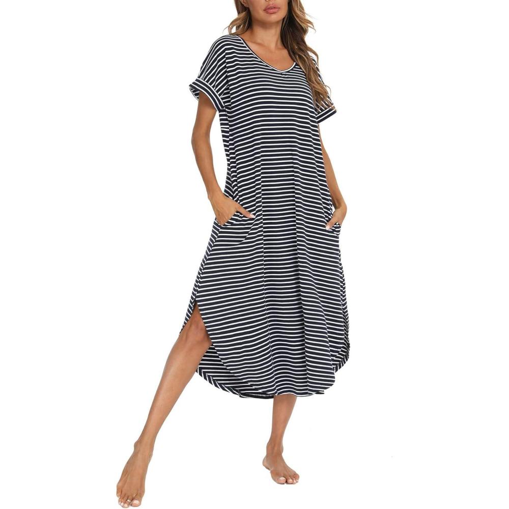 imageAVIIER Cotton Nightgowns for Women Sleeveless House Dress Ladies Long Nightdress with Pockets SXXLNavy Blue While