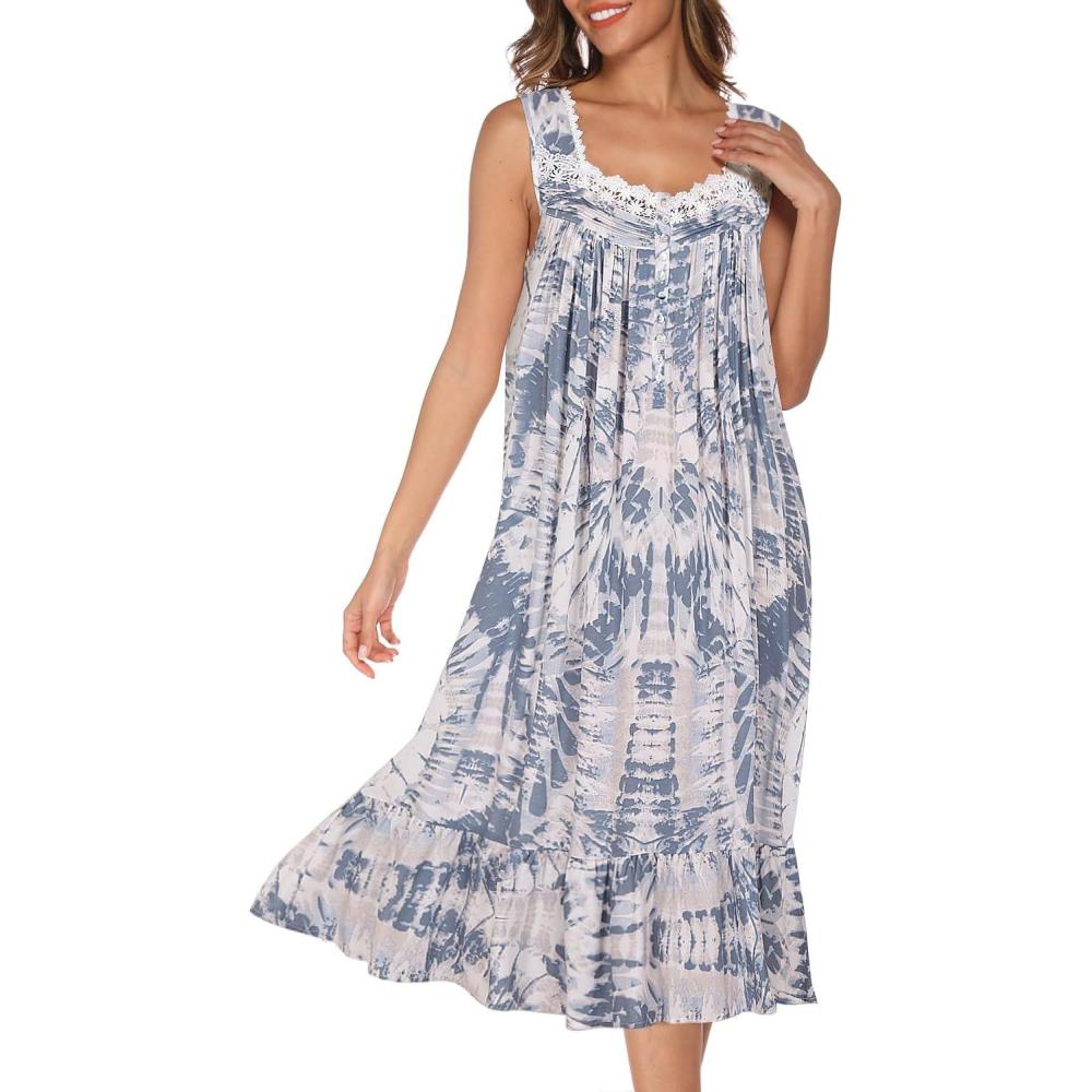 imageAVIIER Cotton Nightgowns for Women Sleeveless House Dress Ladies Long Nightdress with Pockets SXXLNavy Tie Dye