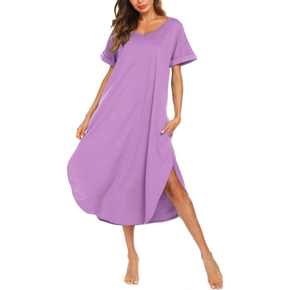 imageAVIIER Cotton Nightgowns for Women Sleeveless House Dress Ladies Long Nightdress with Pockets SXXLPurple