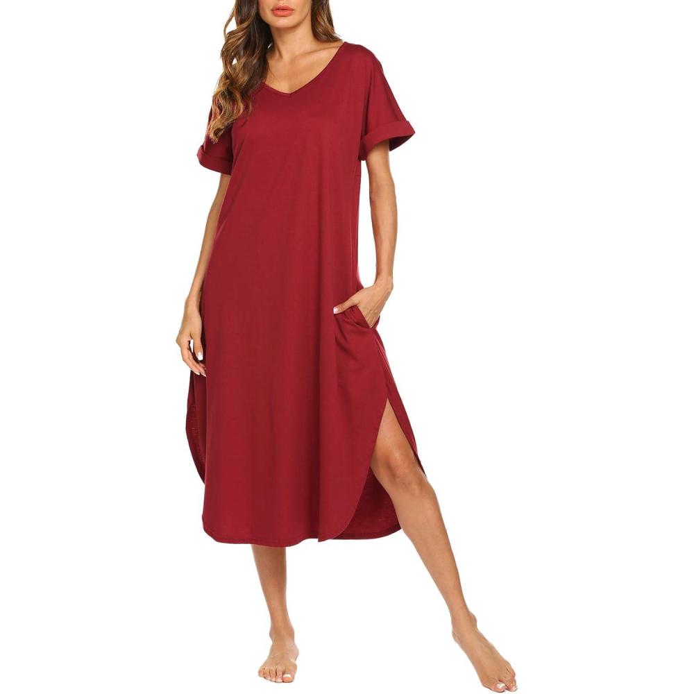 imageAVIIER Cotton Nightgowns for Women Sleeveless House Dress Ladies Long Nightdress with Pockets SXXLRed