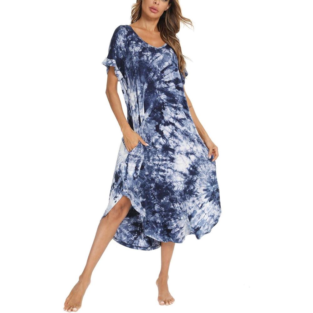imageAVIIER Cotton Nightgowns for Women Sleeveless House Dress Ladies Long Nightdress with Pockets SXXLTie Dyenavy Blue