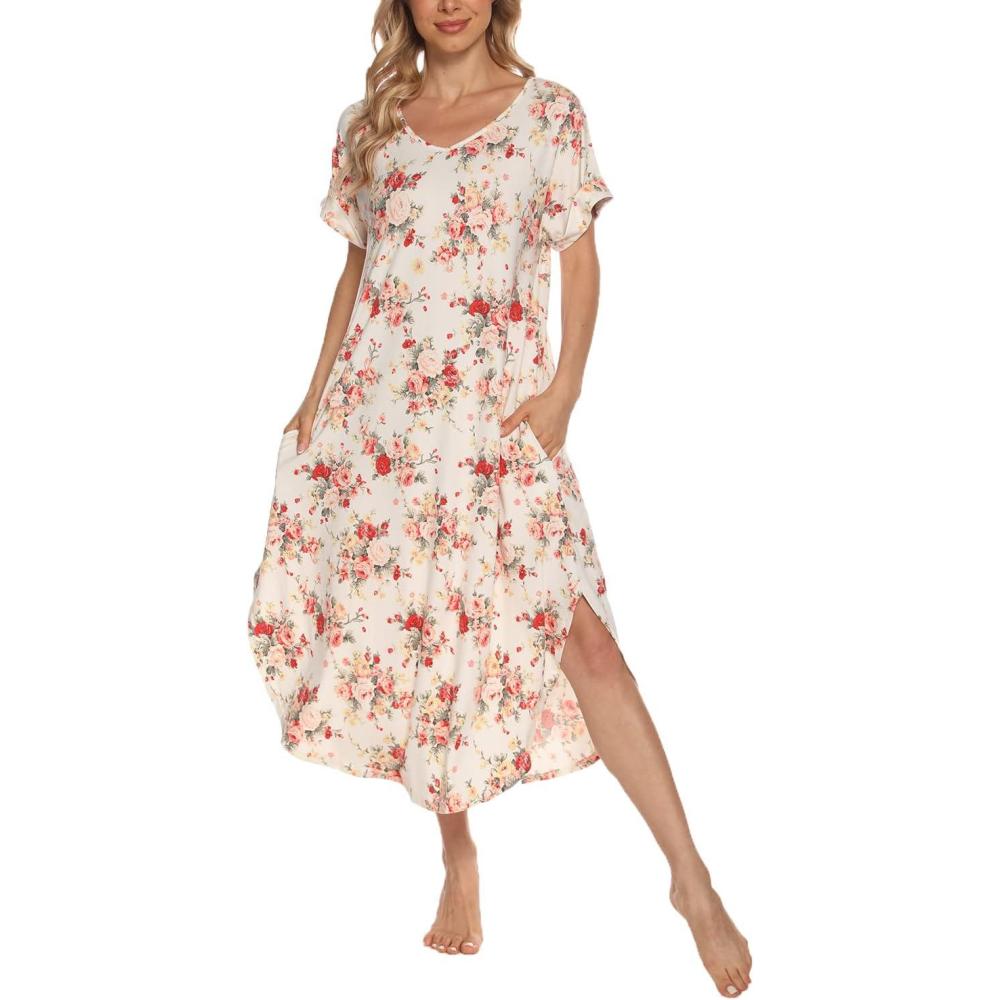 imageAVIIER Cotton Nightgowns for Women Sleeveless House Dress Ladies Long Nightdress with Pockets SXXLWhite Flower