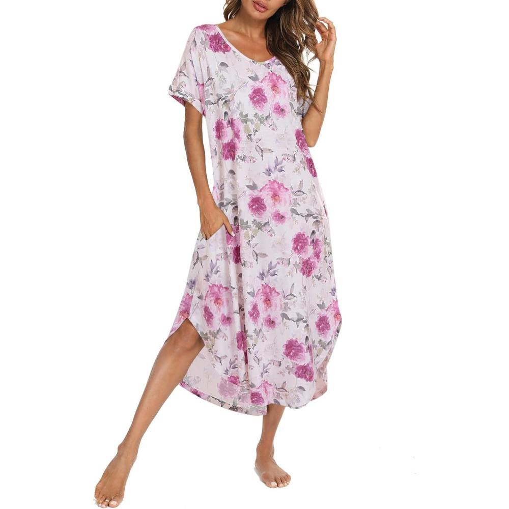imageAVIIER Cotton Nightgowns for Women Sleeveless House Dress Ladies Long Nightdress with Pockets SXXLWhite Rose