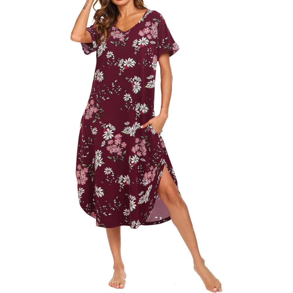 imageAVIIER Cotton Nightgowns for Women Sleeveless House Dress Ladies Long Nightdress with Pockets SXXLWine Red