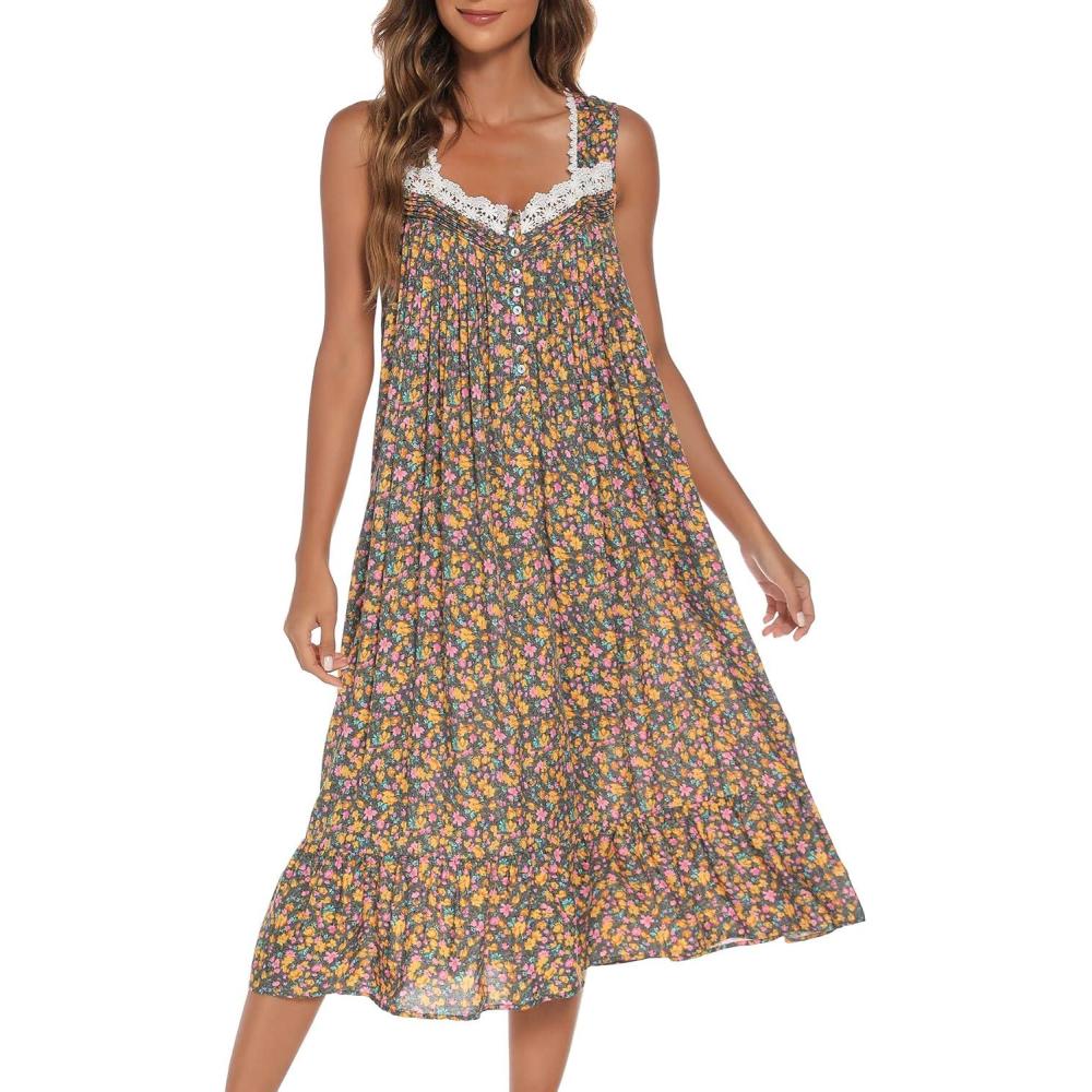 imageAVIIER Cotton Nightgowns for Women Sleeveless House Dress Ladies Long Nightdress with Pockets SXXLYellow Flower
