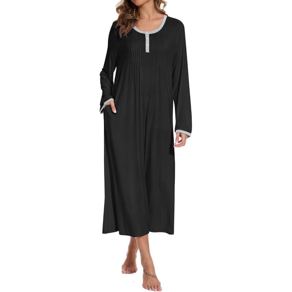 imageAVIIER Cotton Nightgowns for Women Soft Long Sleeve Night Gown with PocketsBlack