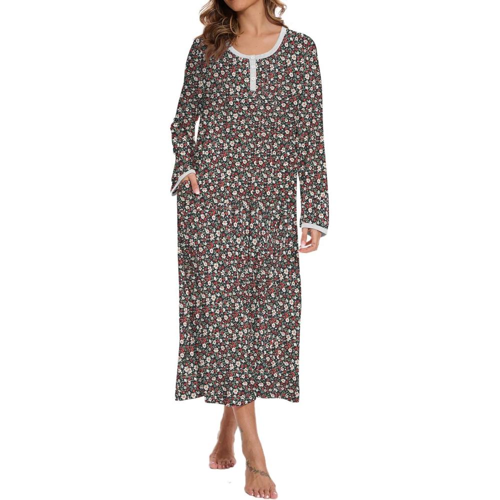 imageAVIIER Cotton Nightgowns for Women Soft Long Sleeve Night Gown with PocketsBlack Flower