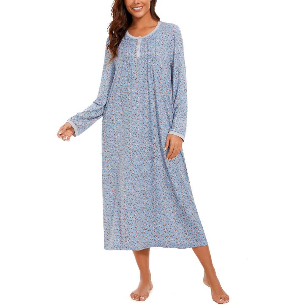 imageAVIIER Cotton Nightgowns for Women Soft Long Sleeve Night Gown with PocketsBlue Flower