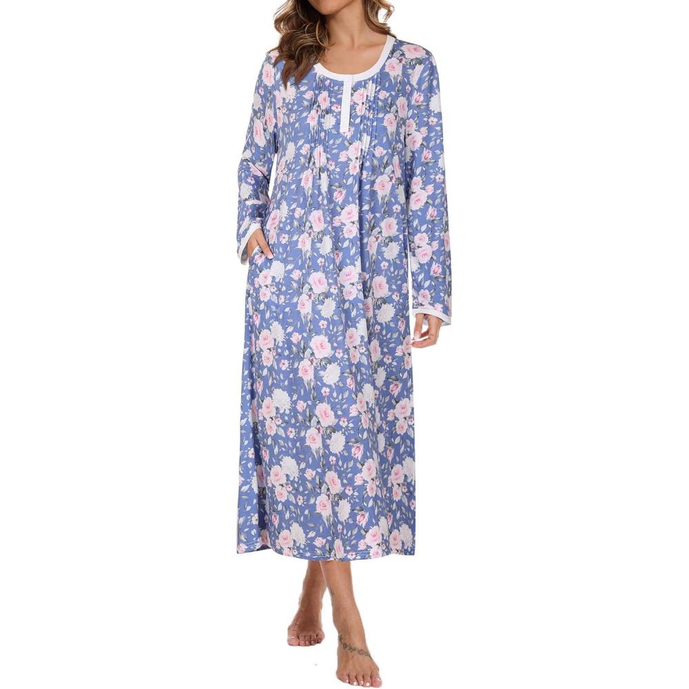 imageAVIIER Cotton Nightgowns for Women Soft Long Sleeve Night Gown with PocketsDeep Blue Flower