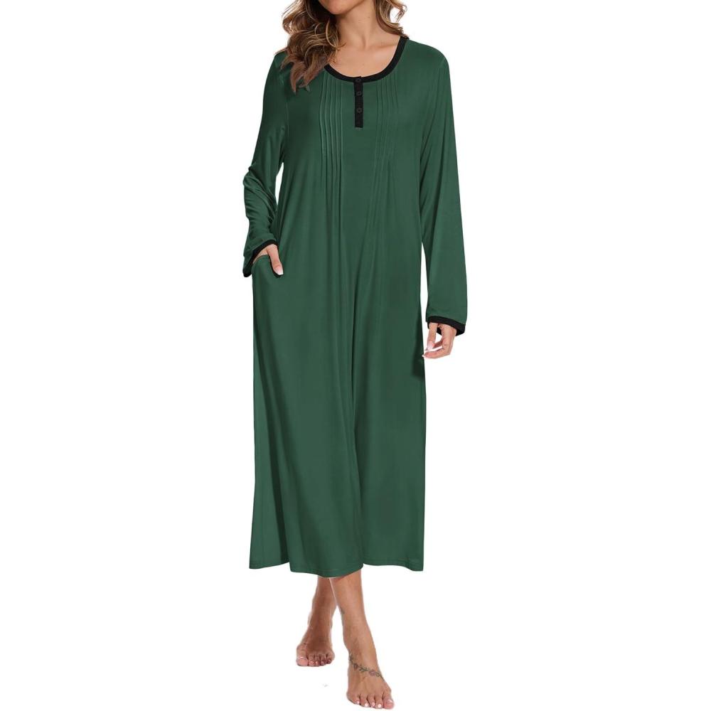 imageAVIIER Cotton Nightgowns for Women Soft Long Sleeve Night Gown with PocketsGreen