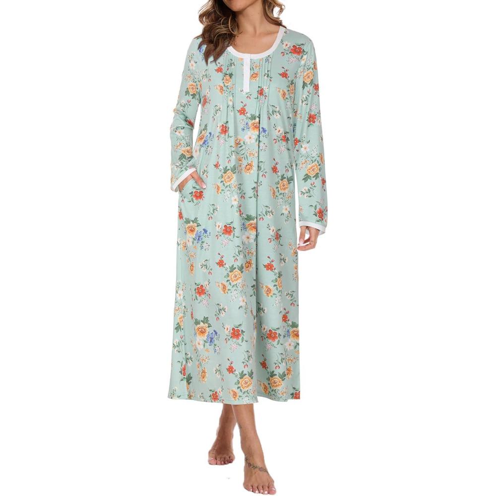 imageAVIIER Cotton Nightgowns for Women Soft Long Sleeve Night Gown with PocketsGreen Floral