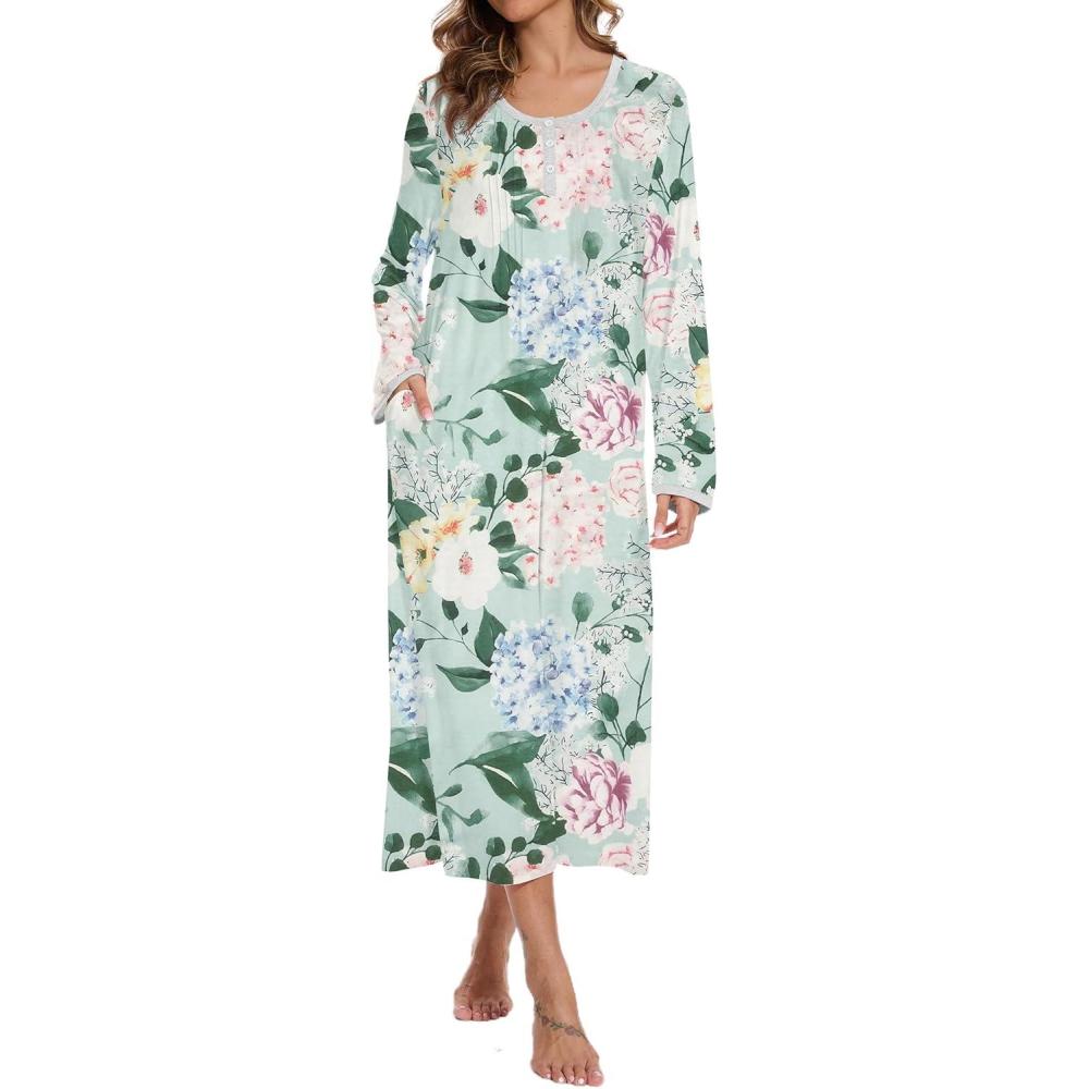 imageAVIIER Cotton Nightgowns for Women Soft Long Sleeve Night Gown with PocketsGreen Flower