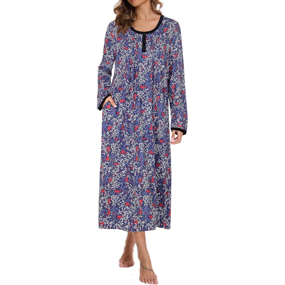 imageAVIIER Cotton Nightgowns for Women Soft Long Sleeve Night Gown with PocketsNavy Bird