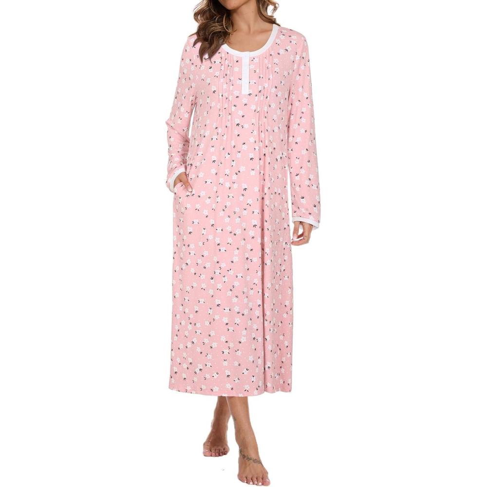 imageAVIIER Cotton Nightgowns for Women Soft Long Sleeve Night Gown with PocketsPink Flower2
