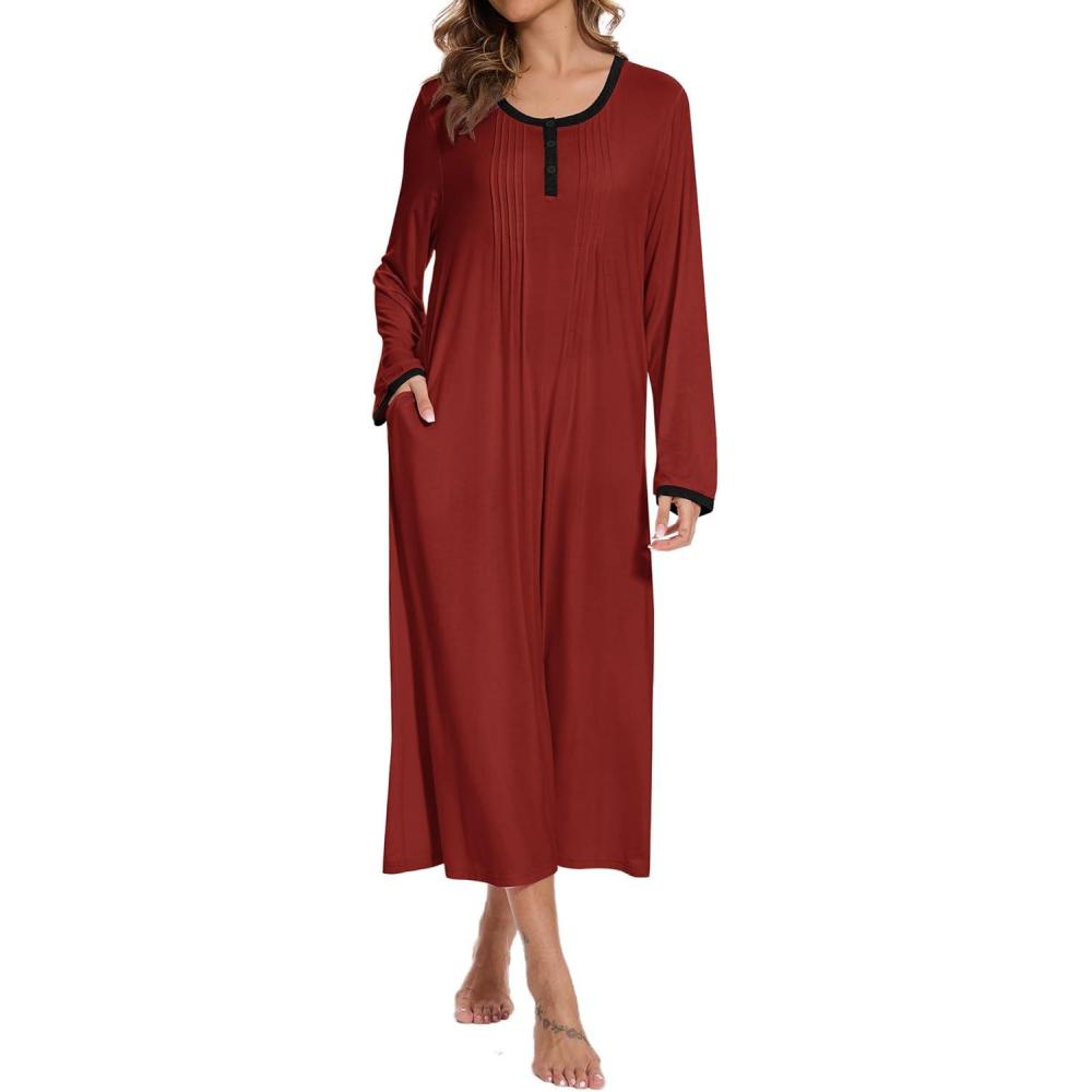 imageAVIIER Cotton Nightgowns for Women Soft Long Sleeve Night Gown with PocketsRed