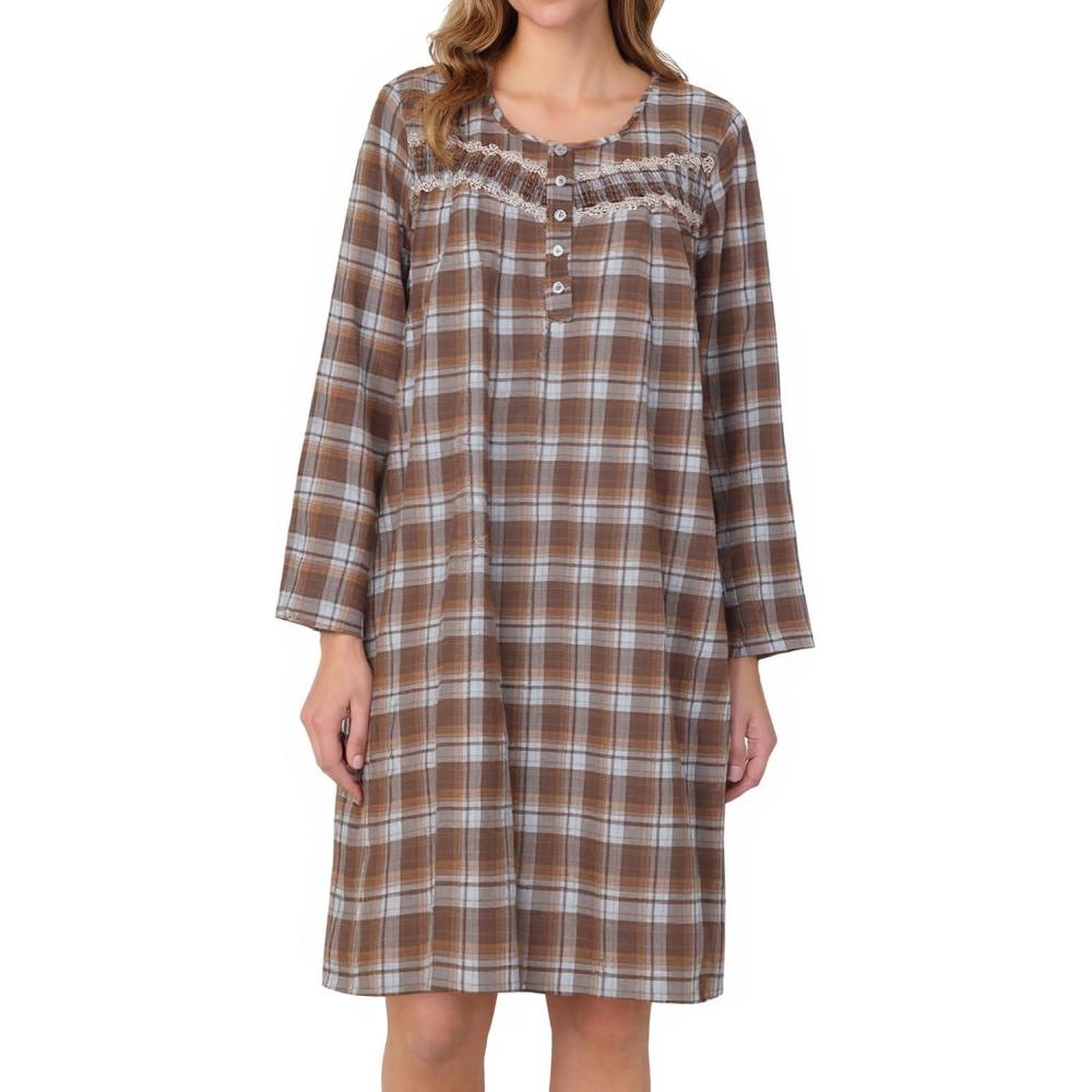 imageAVIIER Long Sleeve Nightgowns for Women Soft Cotton Night Gwon with PocketsBrown Blue Pattern