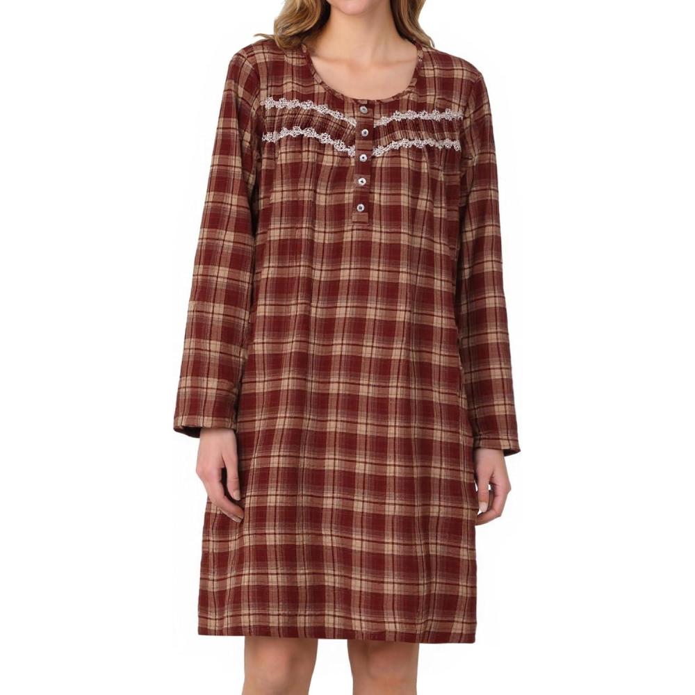imageAVIIER Long Sleeve Nightgowns for Women Soft Cotton Night Gwon with PocketsBrown Red Pattern