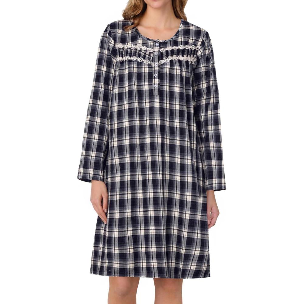 imageAVIIER Long Sleeve Nightgowns for Women Soft Cotton Night Gwon with PocketsNavy Blue Pattern