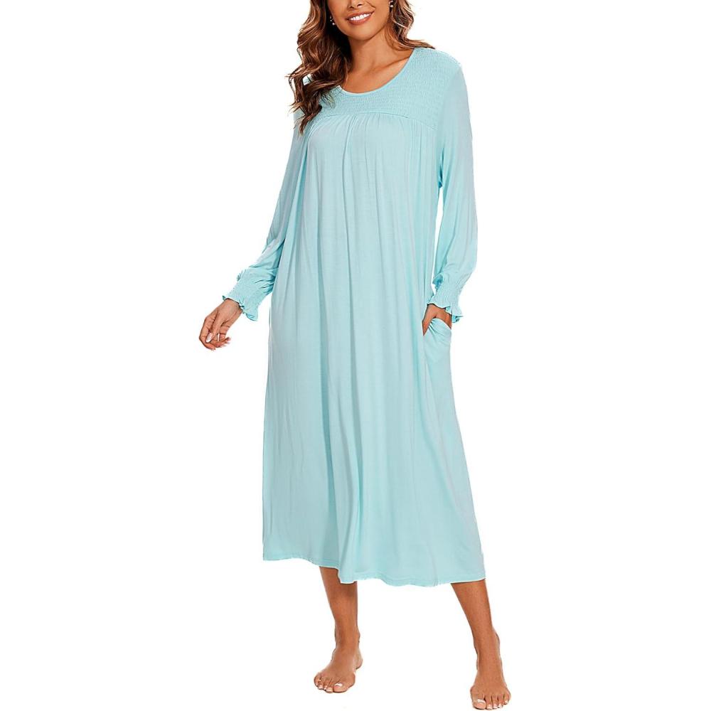 imageAVIIER Long Sleeve Nightgowns for Women Soft Cotton Victorian Night Gowns Ladies Sleepwear with PocketsLight Green