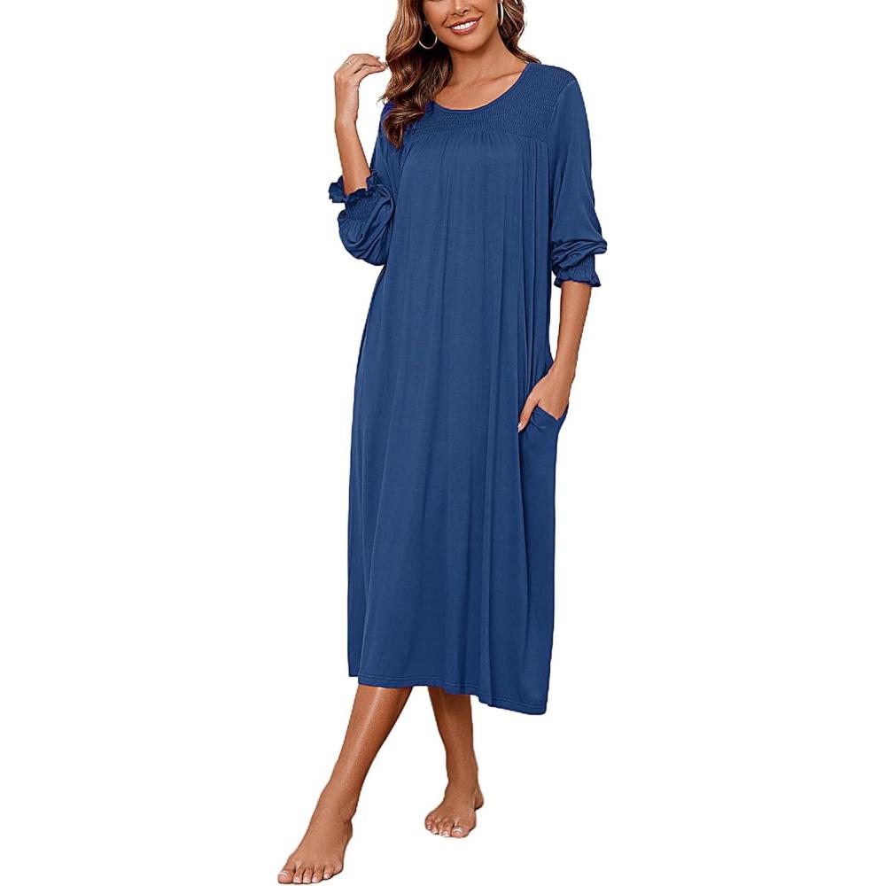 imageAVIIER Long Sleeve Nightgowns for Women Soft Cotton Victorian Night Gowns Ladies Sleepwear with PocketsNavy