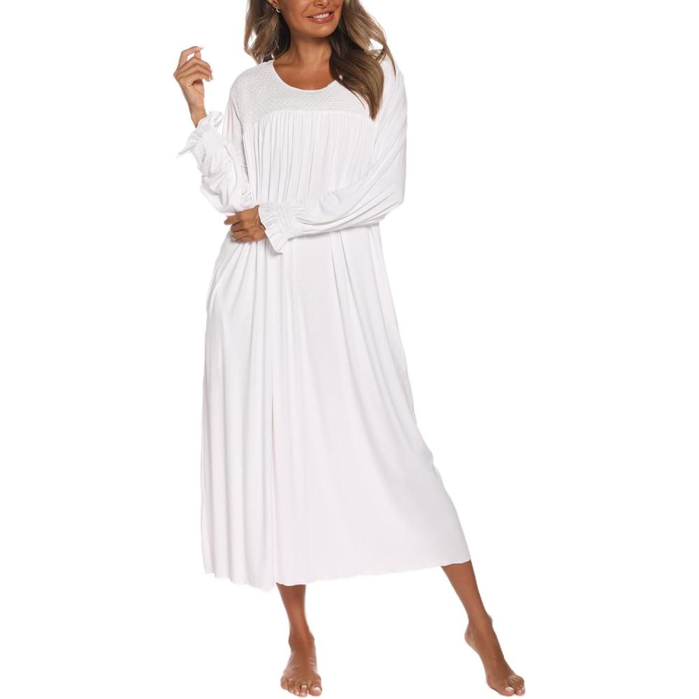 imageAVIIER Long Sleeve Nightgowns for Women Soft Cotton Victorian Night Gowns Ladies Sleepwear with PocketsWhite