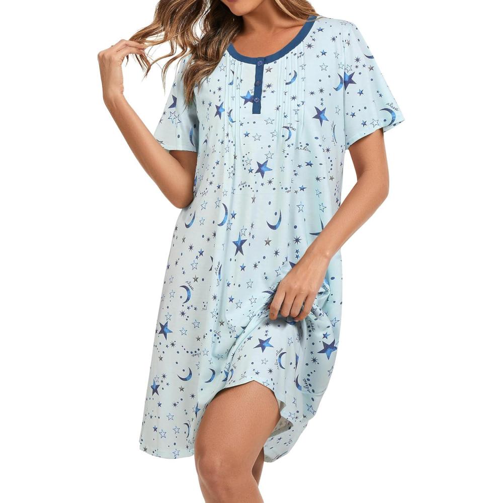 imageAVIIER Nightgowns for Women Soft Cotton Night Gowns Short Sleeve Sleepwear Comfy Night ShirtsBlue Star