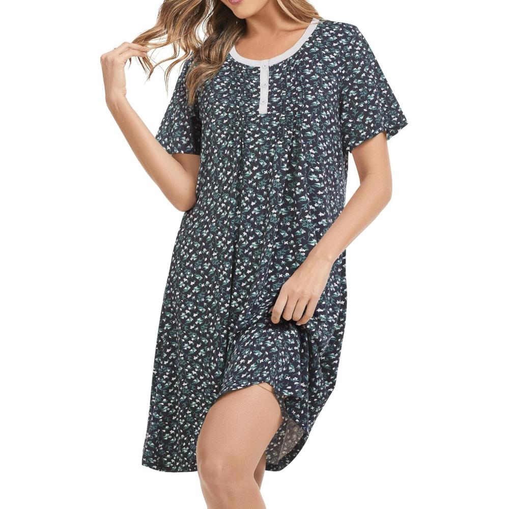 imageAVIIER Nightgowns for Women Soft Cotton Night Gowns Short Sleeve Sleepwear Comfy Night ShirtsNavy Flower