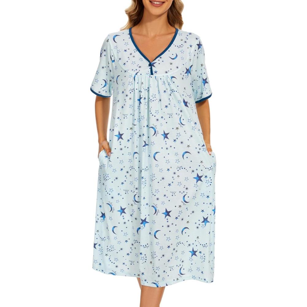 imageAVIIER Nightgows for Women Soft Cotton Night Shirts Short Sleeve Sleepwear with PocketsBlue Star