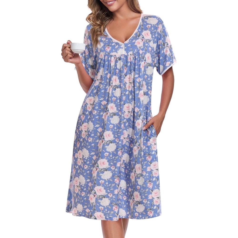 imageAVIIER Nightgows for Women Soft Cotton Night Shirts Short Sleeve Sleepwear with PocketsDrak Blue Flower
