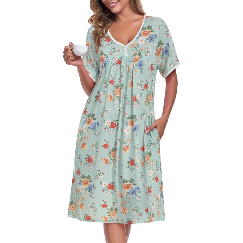 imageAVIIER Nightgows for Women Soft Cotton Night Shirts Short Sleeve Sleepwear with PocketsGreen Flower 2