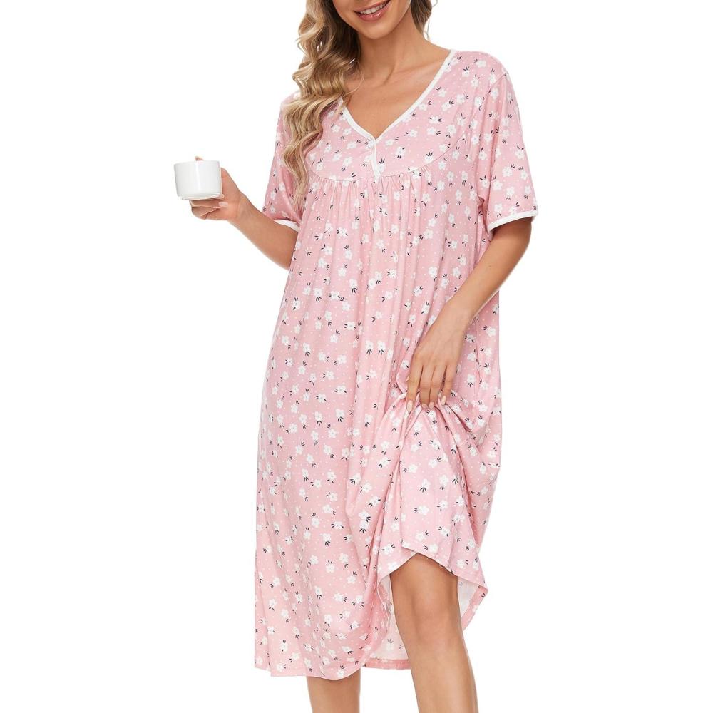 imageAVIIER Nightgows for Women Soft Cotton Night Shirts Short Sleeve Sleepwear with PocketsPink Flower 2