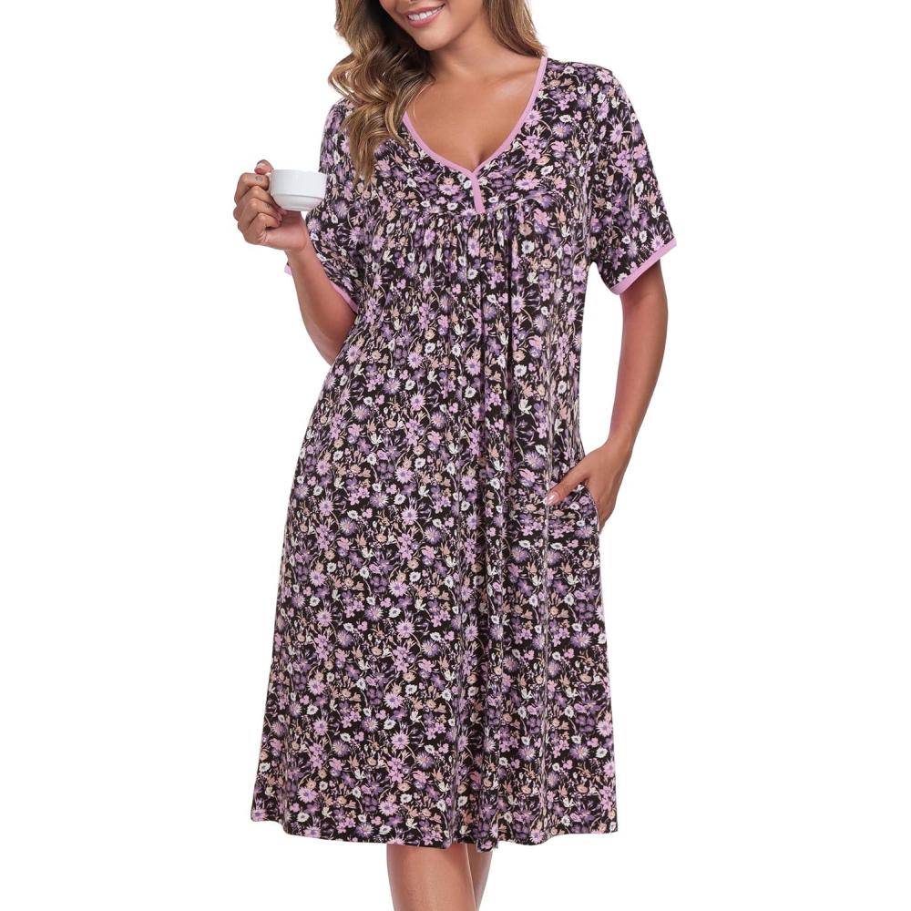 imageAVIIER Nightgows for Women Soft Cotton Night Shirts Short Sleeve Sleepwear with PocketsPurple Flower