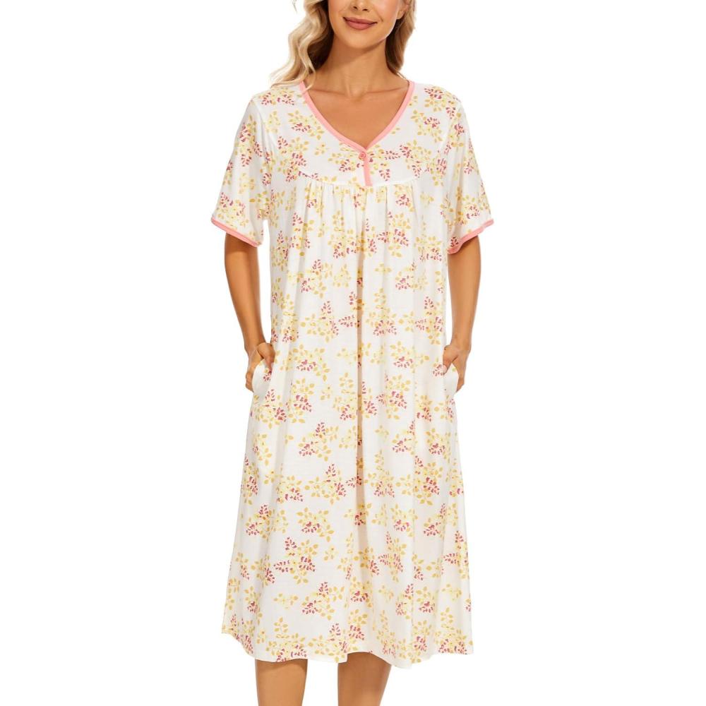 imageAVIIER Nightgows for Women Soft Cotton Night Shirts Short Sleeve Sleepwear with PocketsWhite Flower