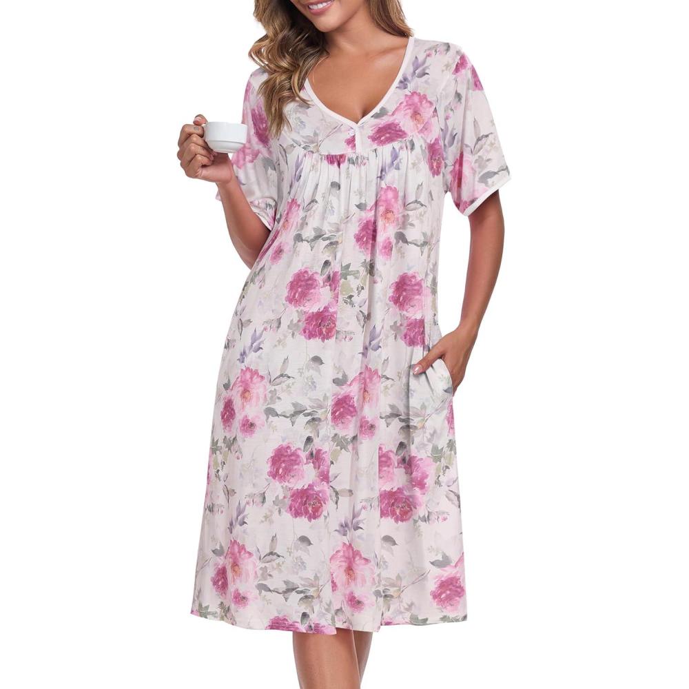 imageAVIIER Nightgows for Women Soft Cotton Night Shirts Short Sleeve Sleepwear with PocketsWhite Rose