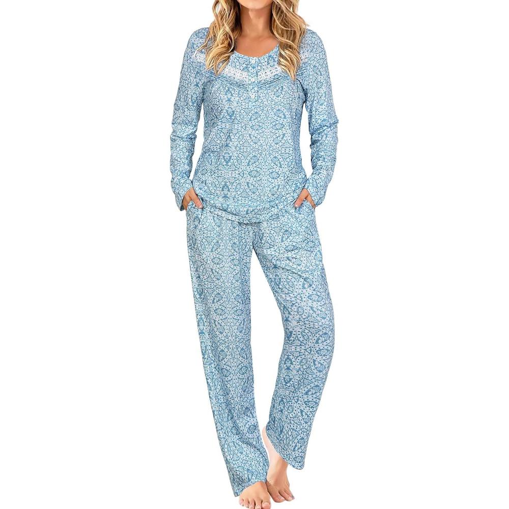 imageAVIIER Pajamas for Women Set Fall Two Piece Lounge Set Long Sleeve Pjs Sleepwear with PocketsBlue Flower