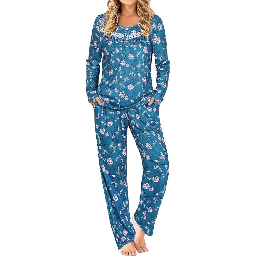 imageAVIIER Pajamas for Women Set Fall Two Piece Lounge Set Long Sleeve Pjs Sleepwear with PocketsGreen Floral