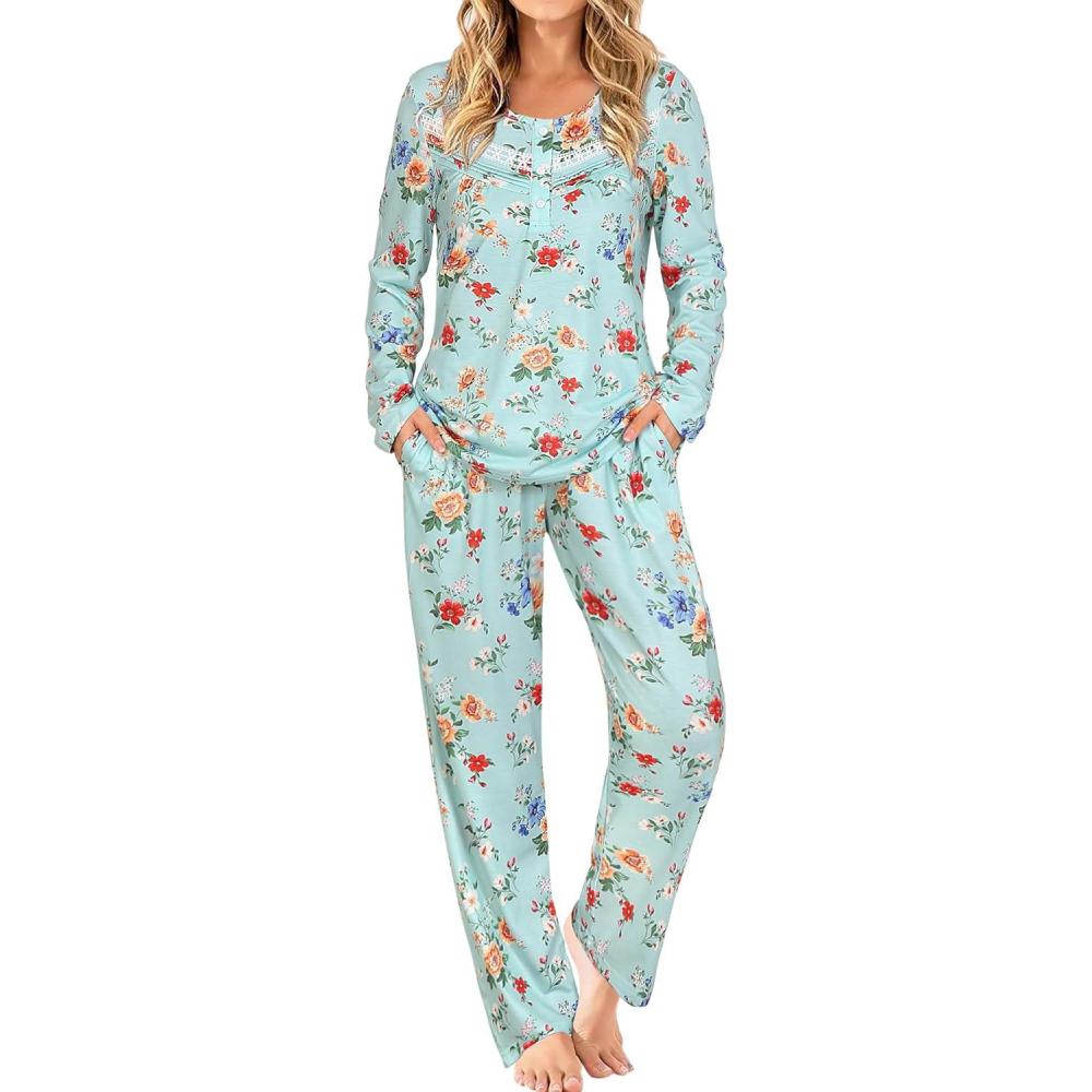 imageAVIIER Pajamas for Women Set Fall Two Piece Lounge Set Long Sleeve Pjs Sleepwear with PocketsGreen Flower