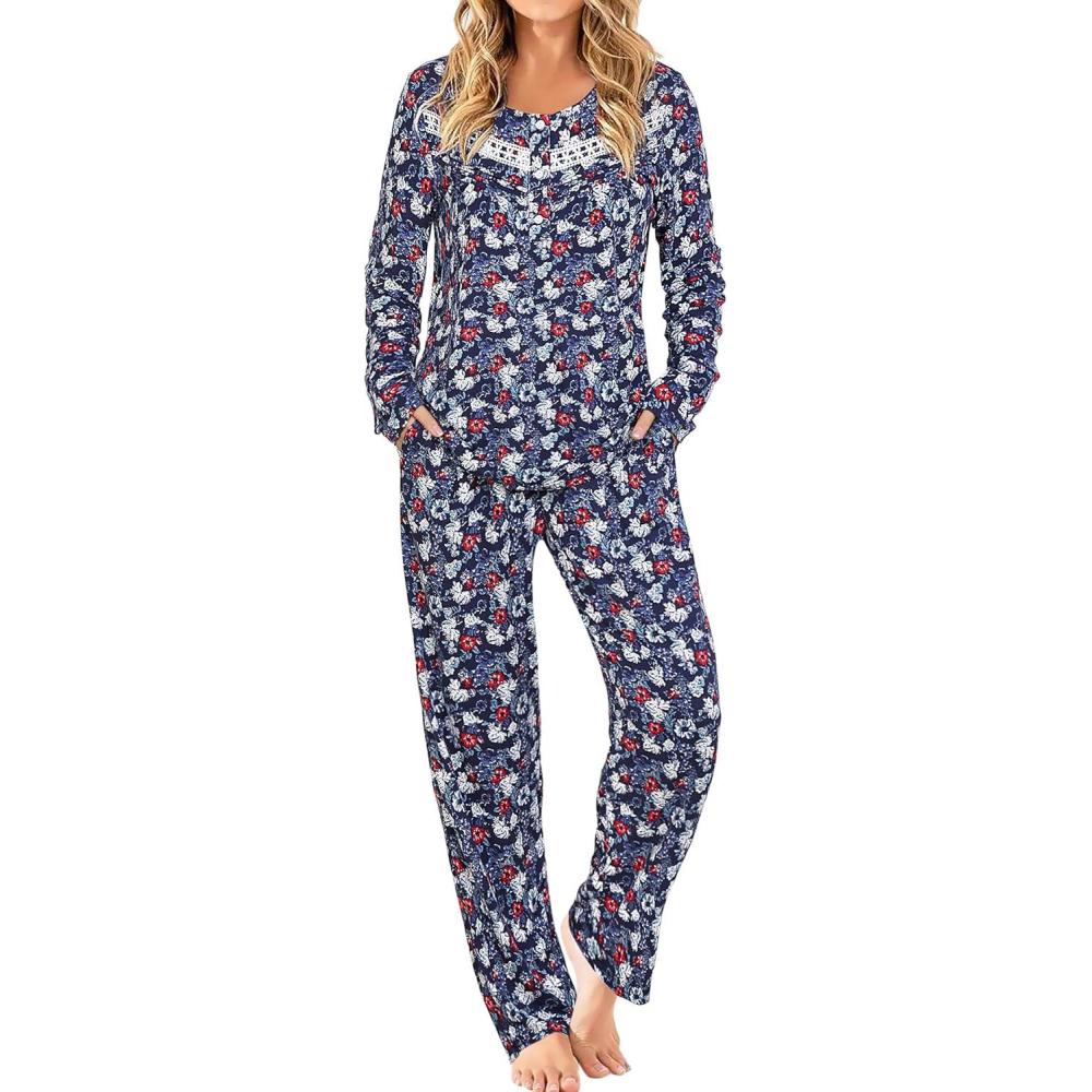 imageAVIIER Pajamas for Women Set Fall Two Piece Lounge Set Long Sleeve Pjs Sleepwear with PocketsNavy Flower