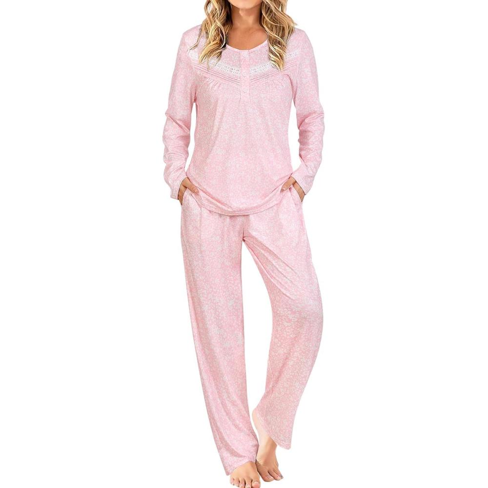 imageAVIIER Pajamas for Women Set Fall Two Piece Lounge Set Long Sleeve Pjs Sleepwear with PocketsPink Flower