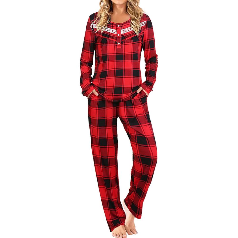 imageAVIIER Pajamas for Women Set Fall Two Piece Lounge Set Long Sleeve Pjs Sleepwear with PocketsRed Pattern