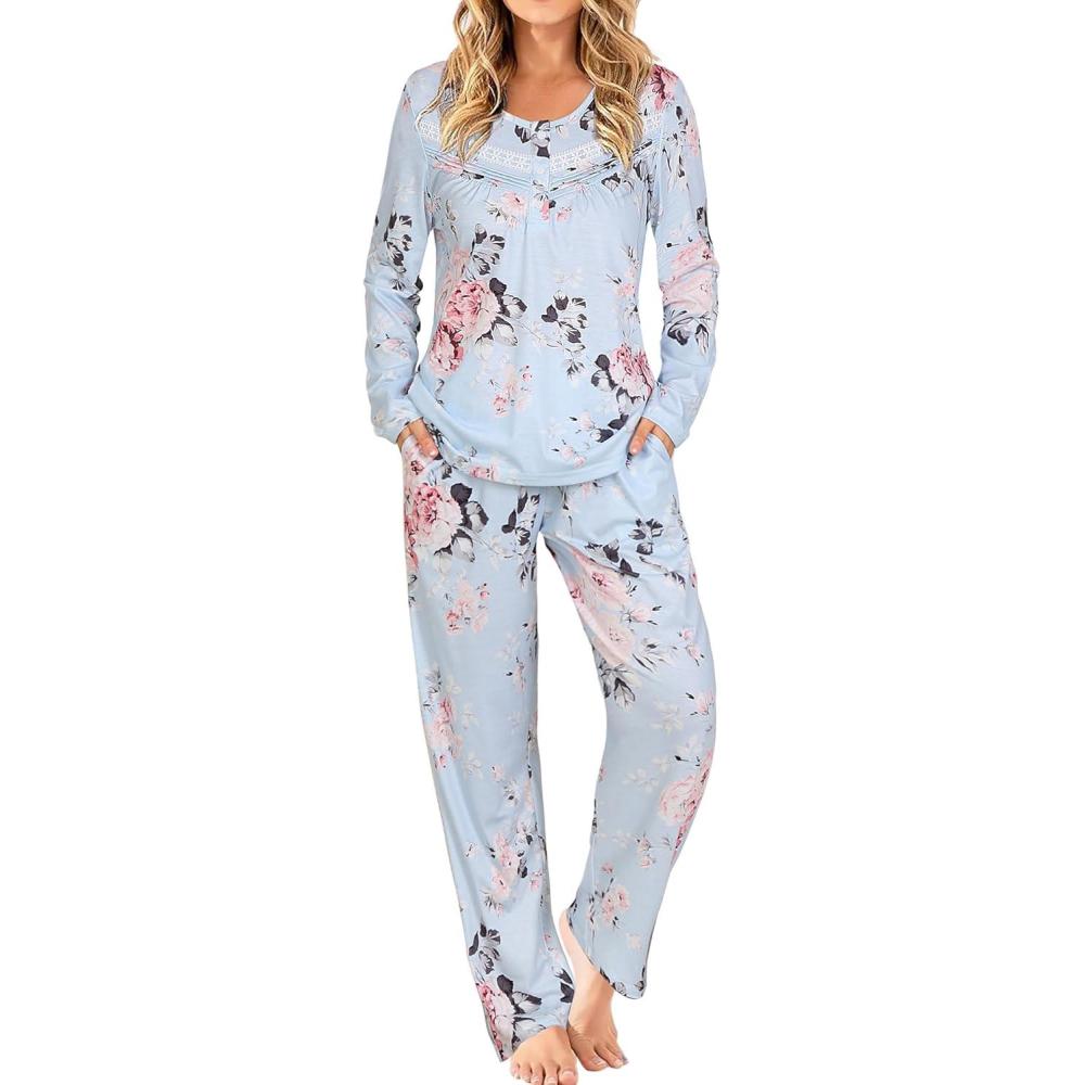 imageAVIIER Pajamas for Women Set Fall Two Piece Lounge Set Long Sleeve Pjs Sleepwear with PocketsSky Blue Flower