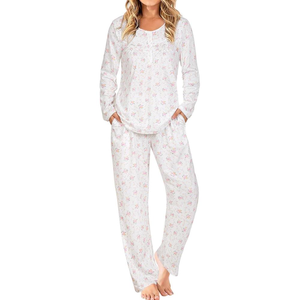 imageAVIIER Pajamas for Women Set Fall Two Piece Lounge Set Long Sleeve Pjs Sleepwear with PocketsWhite Flower