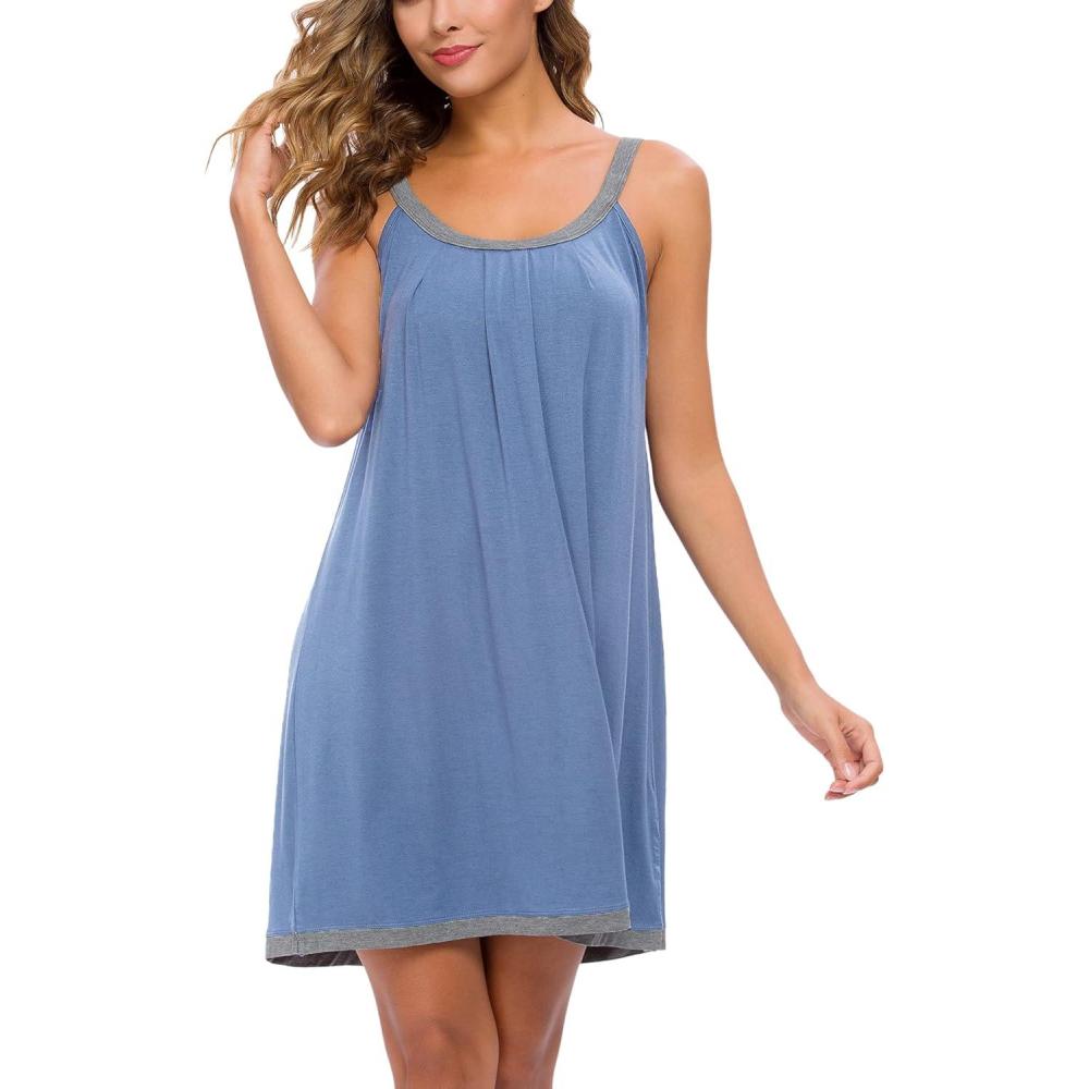 imageAVIIER Womens Nightgown Soft Cotton Sleeveless Sleep Shirts Wide Strap Nightshirts Full Slip SleepwearLight Blue