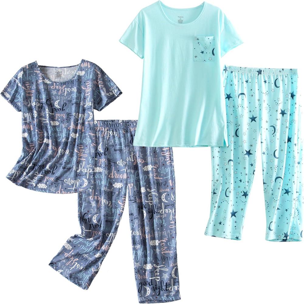 imagePNAEONG 2 Pack Womens Cotton Pajama Sets Short Sleeve Sleepwear Tops with Capri Pants Summer Loungewear Pj Sets S3XLSet1