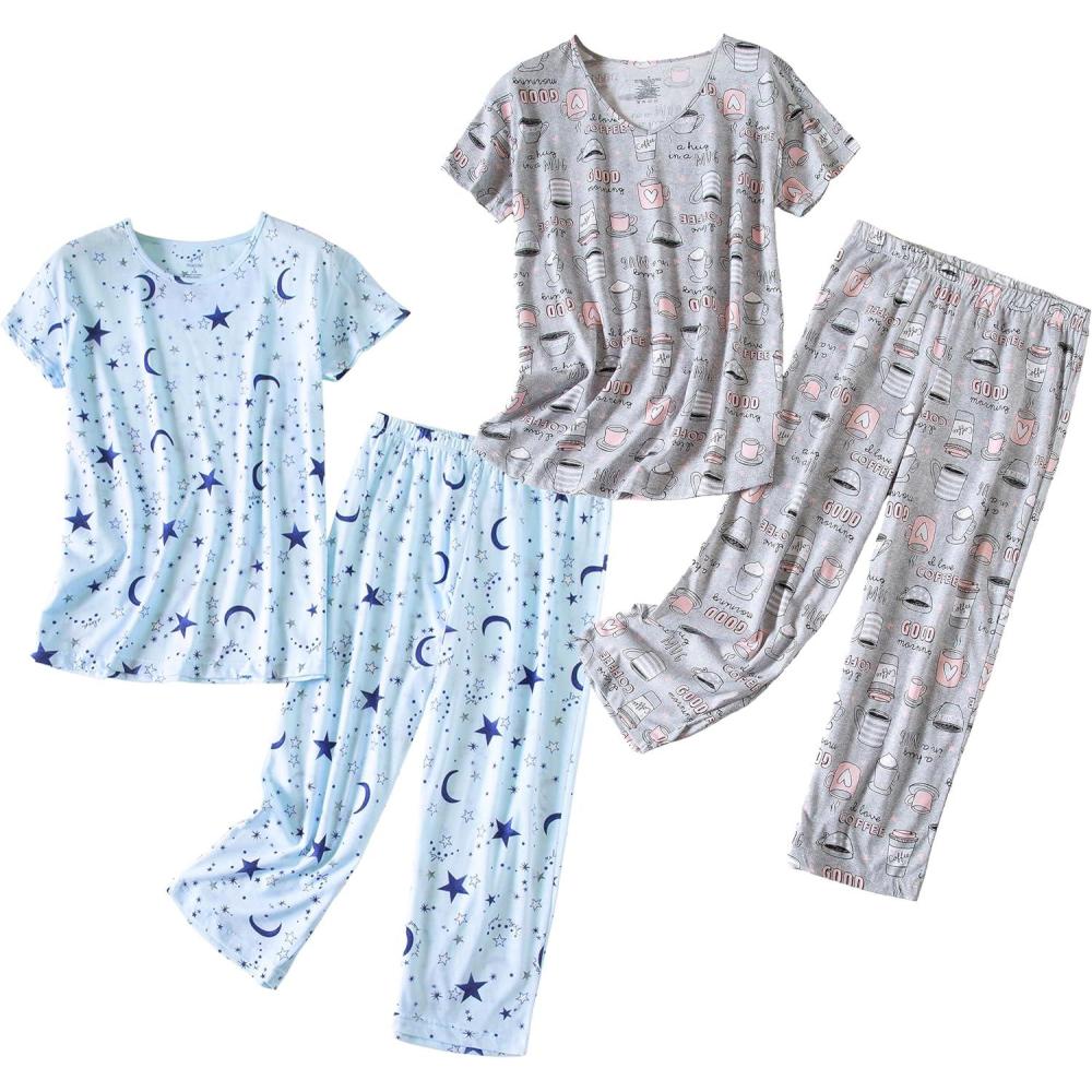 imagePNAEONG 2 Pack Womens Cotton Pajama Sets Short Sleeve Sleepwear Tops with Capri Pants Summer Loungewear Pj Sets S3XLSet14