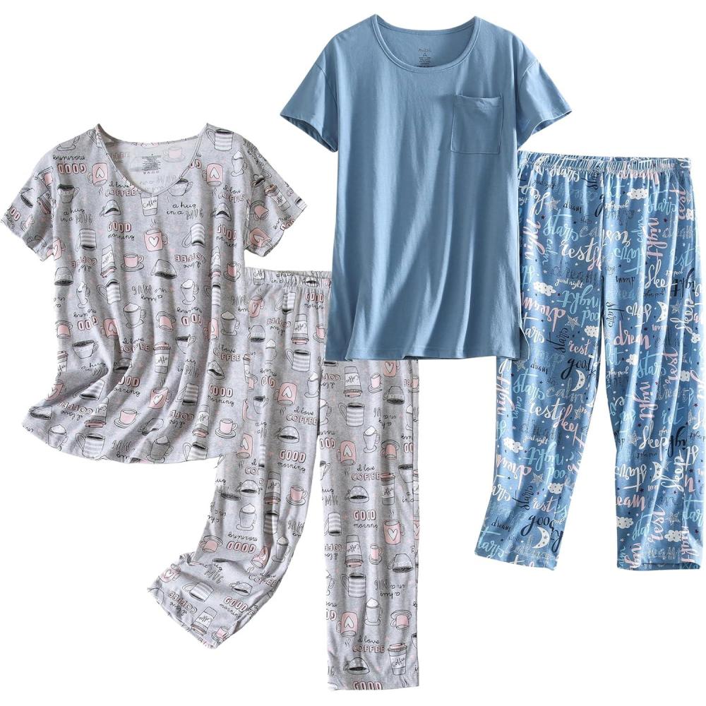 imagePNAEONG 2 Pack Womens Cotton Pajama Sets Short Sleeve Sleepwear Tops with Capri Pants Summer Loungewear Pj Sets S3XLSet2