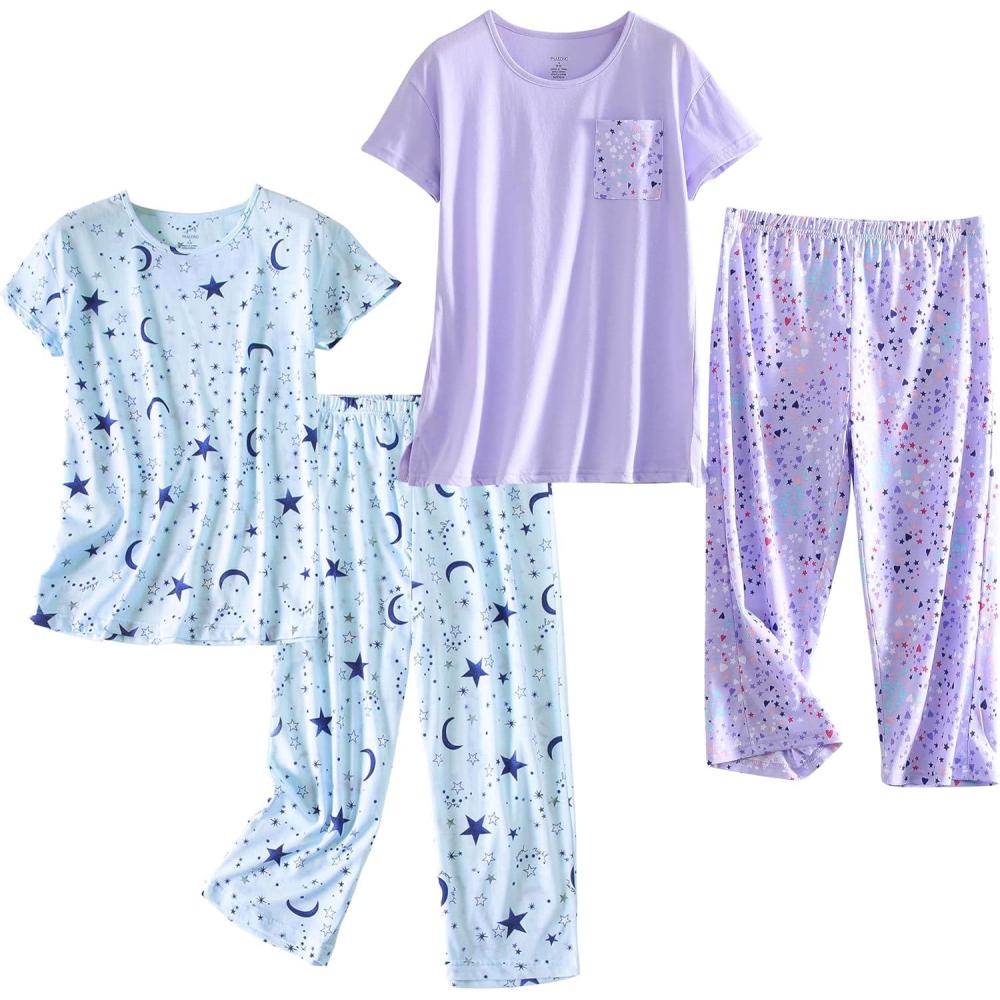 imagePNAEONG 2 Pack Womens Cotton Pajama Sets Short Sleeve Sleepwear Tops with Capri Pants Summer Loungewear Pj Sets S3XLSet4