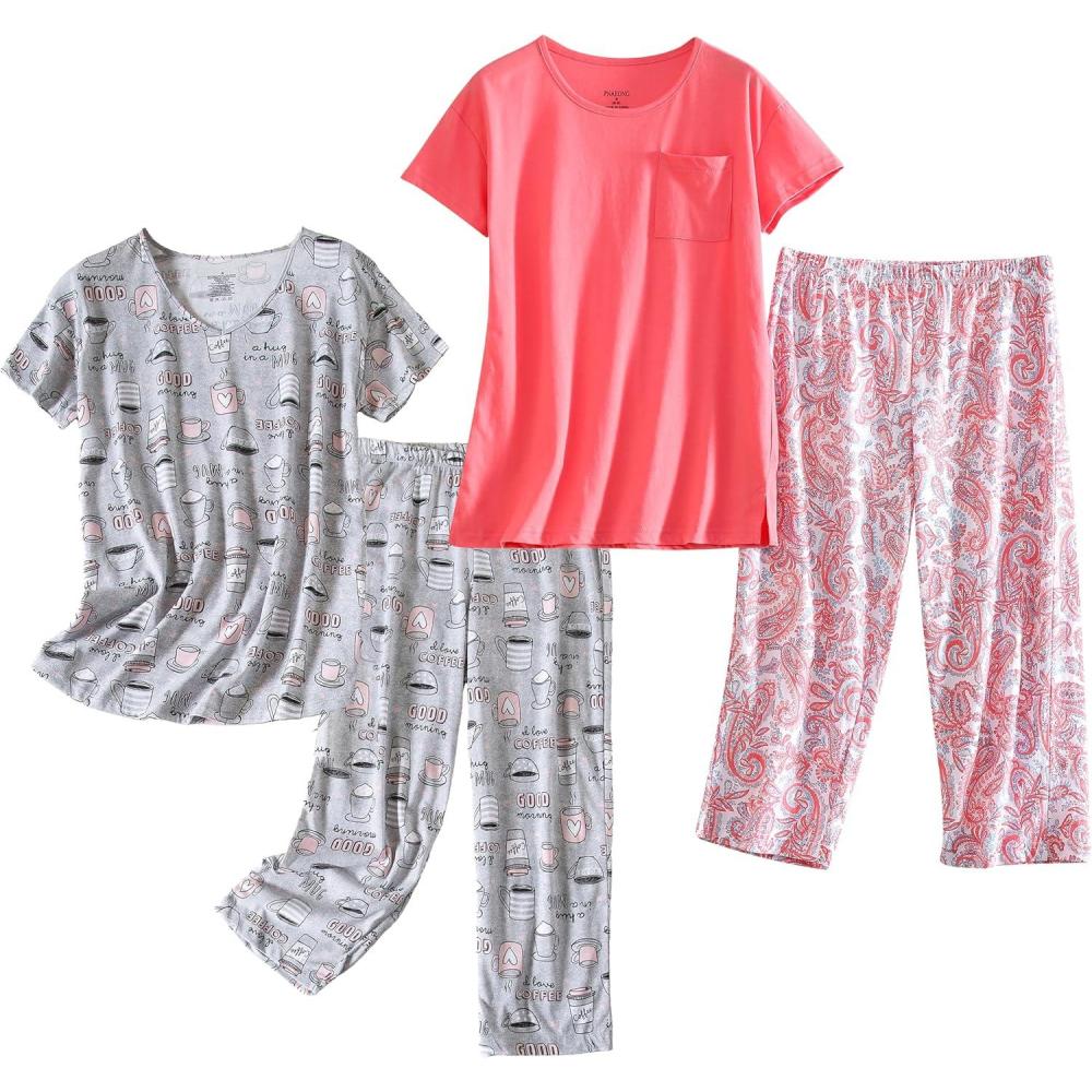 imagePNAEONG 2 Pack Womens Cotton Pajama Sets Short Sleeve Sleepwear Tops with Capri Pants Summer Loungewear Pj Sets S3XLSet6