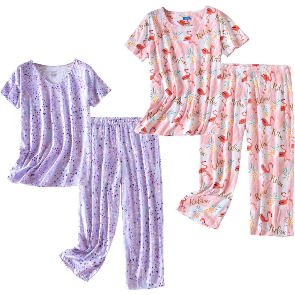 imagePNAEONG 2 Pack Womens Cotton Pajama Sets Short Sleeve Sleepwear Tops with Capri Pants Summer Loungewear Pj Sets S3XLSet7