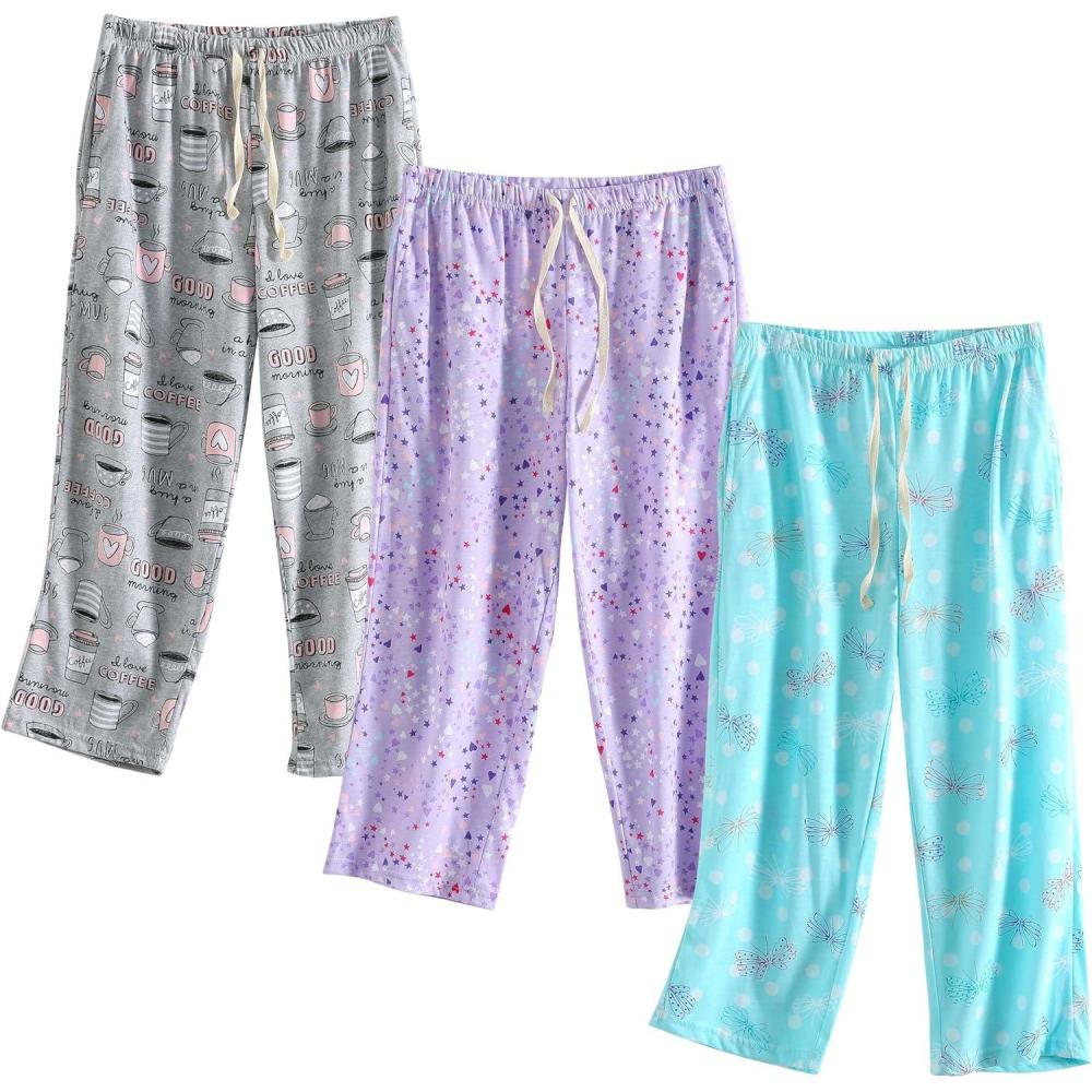 imagePNAEONG 3 Pack Women Pajama Pants Capri Length Drawstring Pj Bottoms Sleep Lounge Pants with Pockets S3XLSet1